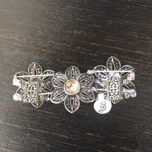 Floral Bracelet with Pink and Purple Rhinestones